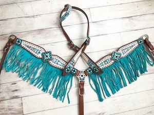 Arctic Design Teal Fringe Tack set Headstall Collier de poitrine en cuir véritable léger perlé saisonnier Horse Ridding Equipements - Product Image 2
