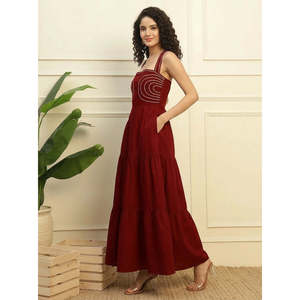 Deebaco Women's Maroon Cotton Boho Maxi <b>Dress</b> Solid Tiered A-Line Sleeveless Casual Daily Western Wear Lace Woven - Product Image 3