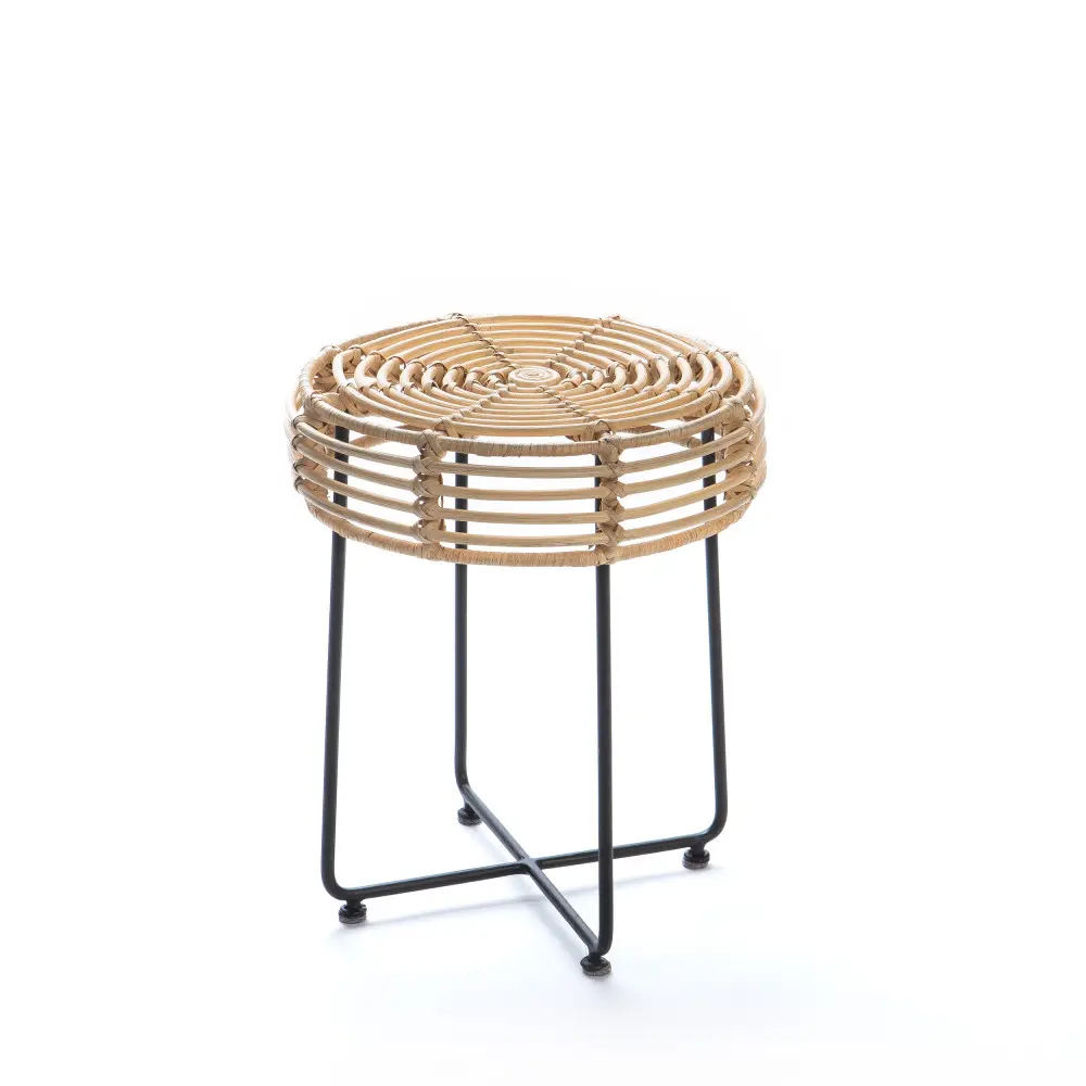 Round Italian Rattan Stool Garden Table And Chairs Rattan Decorative Black Powder Coated Iron Base Summer Outdoor Vibes