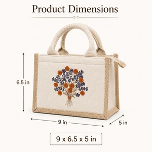 Bouquet Bloom Floral Embroidered Cotton Juco <b>Mini</b> Hamper <b>Bag</b> 9 x 6.5 x 5 Inch Woven Handle Zipper <b>Gift</b> Tote - Product Image 3