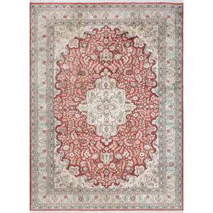 Alfombras de Seda Anudadas a Mano Gulmarg, Rectangulares, con Medallón Rojo Naranja Abstracto, para el Hogar, 9x12, Hechas a Mano en Tabriz, para Dormitorio o Pasillo - Product Image 1