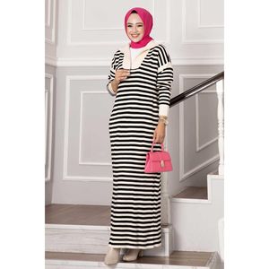 Ecru-noir fermeture éclair rayé robe en tricot été décontracté Viscose Nylon a-ligne moulante droite taille naturelle plaine teint imprimé solide - Product Image 4