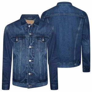Veste en jean classique classique bleue foncée personnalisée pour hommes, coupe ajustée, fermeture à glissière de style vintage, support enduit en cuir véritable à capuche, commandes OEM - Product Image 1