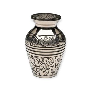 Silver Engraved Floral <b>Keepsake</b> Urn with Detailed Hand Etching and Traditional Memorial Look - Product Image 1