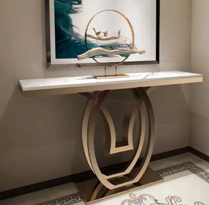 Distinguida Mesa consola superior de mármol azul con una llamativa base de metal dorado con diseño de bola, disponible a precios de mayorista - Product Image 2