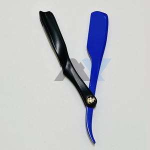Rasoir de barbier manuel léger à lame unique en acier inoxydable, avec manche pliable en plastique bleu, style pince - Product Image 3