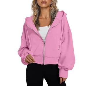 Women's Cropped Hoodie Sweatshirt Solid <b>Pink</b> Full Sleeve Zipper-Up Knitted Cotton Autumn Wear - Product Image 1