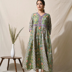 Vestido bohemio de algodón de verano hecho a mano bloque de mano estampado Floral borde botón decoración sostenible indio algodón ropa de verano - Product Image 1