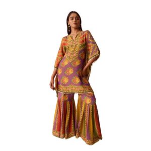 Ensemble Sharara multicolore imprimé en tissu pour réception de fête de mariage et célébrations culturelles traditionnelles - Product Image 2