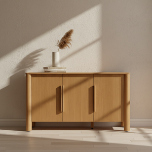 Buffet moderne en chêne massif avec pieds en colonne et 3 portes, résistant à l'eau, couleur naturelle - Product Image 4
