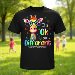 T-shirt con giraffa per la consapevolezza sull'autismo - Simpatica maglietta con stampa 'È Ok essere diversi' per promozioni - Product Image 3