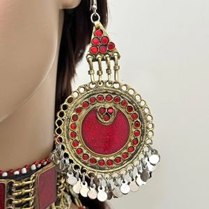 : Authentic Afghan Guluband Choker Necklace Featuring Deep Red Ruby <b>Glass</b> Stones Handcrafted Silver Metal <b>Chains</b> Traditional - Product Image 2