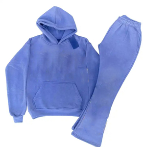 Custom Vintage apenado parches de hierro en 3D bordado Puff Flare Sweat Suit chándal conjunto - Product Image 1