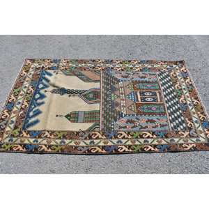 Tapis turc vintage bleu vert classique 3,6 x 6,2 pieds, fait main, écologique, à poils moyens, design patchwork, en laine, bambou et soie - Product Image 3