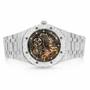 PJ <b>Mens</b> Quartz Moissanite Stainless Steel <b>Watch</b> Silver Tone Exposed Full Diamond Octagon Case Pave Setting Iced Luxury <b>Bracelet</b> - Product Image 1