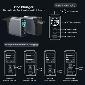 <span class=keywords><strong>Chargeur</strong></span> GaN 3-en-1 avec écran TFT 120W, <span class=keywords><strong>chargeur</strong></span> rapide USB-C 3 ports, <span class=keywords><strong>chargeur</strong></span> universel GaN PD 3.1 pour ordinateur portable, iPhone, Samsung, tablette - Product Image 5