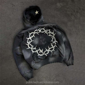 Sweat à capuche surdimensionné écologique d'hiver pour hommes, tissu tricoté en polyester à impression numérique délavé à l'acide vintage - Product Image 2