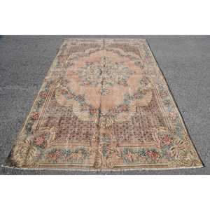 พรมวินเทจขนาดใหญ่ 5.8x8.9 ฟุต พรมขนสัตว์แบบต่อผ้าสีเบจสไตล์ตุรกี - Product Image 1