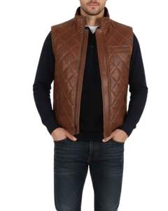 Gilet matelassé en cuir véritable marron pour homme, col montant, fermeture éclair et poche avant, style moto - Product Image 4
