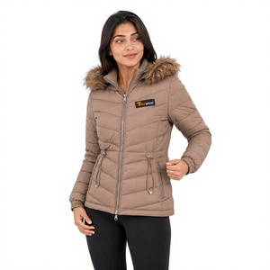 Veste matelassée pour femme Tiierwear, beige, capuche en fourrure amovible, fermeture éclair coupe-vent, manteau chaud d'hiver pour femme - Product Image 1