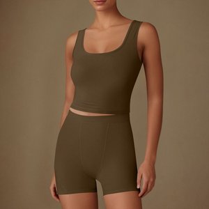 Drop Shoulder Color sólido Soft Gym Yoga Set Legging corto + Cross Sport Bra Chándal Mujeres Gym Suit - Product Image 2