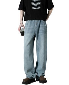 Bleu clair délavé coupe régulière jambe droite Denim jean hommes formel Streetwear mode en détresse confortable Stretch été - Product Image 1