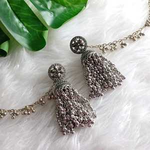 Efulgenz Indian Crystal Oxidized Jhumka Jhumki Bridal Dangle <b>Earrings</b> Set with Ear Chain Indian Wholesaler Jewellery for Women - Product Image 2