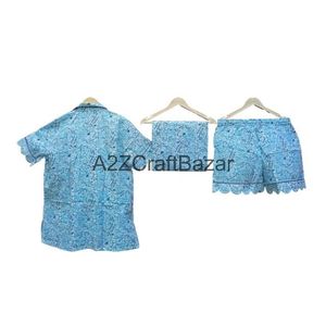 Conjunto de pijama con estampado de bloques de mano de algodón 100% romántico para mujer, pantalones cortos Kangura, conjuntos de pijama con estampado Floral, ropa suave para el hogar, perfecto - Product Image 5