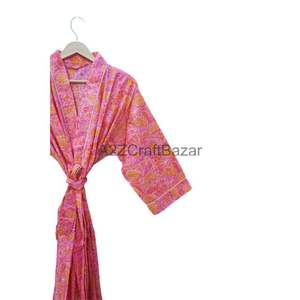 100% Cotton Digital Printed Floral V-Neck Three-Quarter Sleeve Elastic Waist Full-Length <b>Robe</b> for <b>Women</b>-Breathable Quick <b>Dry</b> - Product Image 3