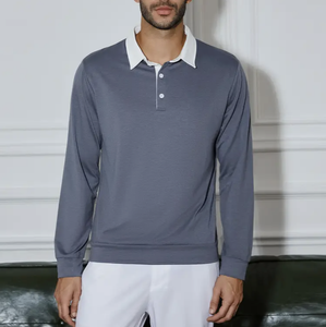 Camiseta de manga larga a rayas con logotipo personalizado para hombre, Camiseta de punto transpirable con mangas completas para cuello de polo - Product Image 1