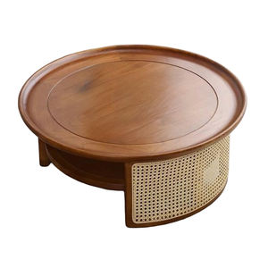 Rustea Original Jepara Indonesia Table basse ronde en bois de teck avec osier de peau de rotin de liberté pour l'application de salle à manger - Product Image 1