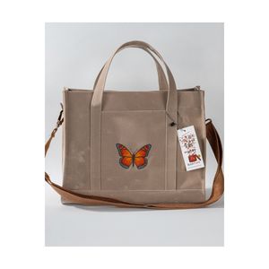 Butikmutik-grande SET di tela cerata BEIGE ricamato a farfalla (borsa e portafoglio)