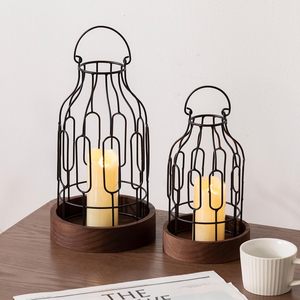 Juego de 2 farolillos decorativos rústicos para casa de campo, soporte para velas Vintage con base de madera, rollo de Metal negro decorativo - Product Image 2