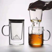 Gobelet en verre pour tasse à café et thé Couvercle en bambou avec infuseur en forme de montagne enneigée 3D