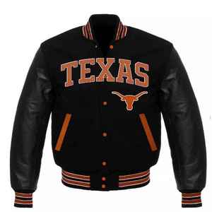 Veste universitaire en cuir véritable Letterman en laine pour hommes, noire avec patchs et étiquettes de logos brodés de couleur rouge, veste pour hommes - Product Image 1