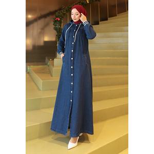 Manteau Abaya en jean côtelé à capuche bleu clair 19280 pour femme Mega Merchant – Veste et Trench-coat quotidiens modestes - Product Image 6