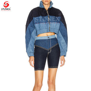 2023 chaqueta vaquera de retales con estilo para mujer, manga larga Vintage con cremallera rellena de algodón, talla XL, nuevas camisetas de moda al por mayor - Product Image 3