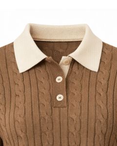 Women Brown <b>Cable</b> <b>Knit</b> Crop <b>Sweater</b> Polo Collar Button Front Soft Winter Casual Fashion Pullover Top For Ladies Streetwear Style - Product Image 5