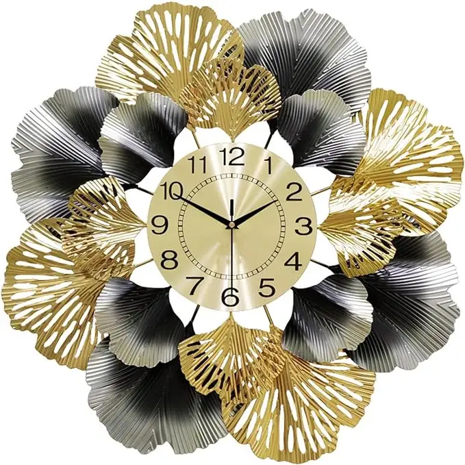 Reloj de pared de forma elegante, reloj silencioso sin tictac para dormitorio, sala de estar (dorado), reloj de pared de diseño Floral