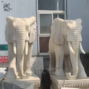 BLVE户外花园装饰手工雕刻自然石动物雕塑大尺寸米色大理石大象雕像