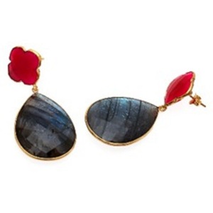 ใหม่มาถึง Labradorite และสีแดงม่วง Chalcedony พลอย925สเตอร์ลิงโคลเวอร์และลูกแพร์รูปร่างต่างหู - Product Image 1