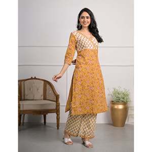 Yellow Cotton <b>Block</b> <b>Printed</b> Salwar Kameez Pant Set of 2 Elegant <b>Printed</b> Cotton Pant with Kameez - Product Image 4