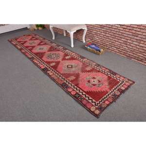 Alfombra Turca Vintage de Lana Roja Herki, 2.9x11.9 pies - Product Image 2