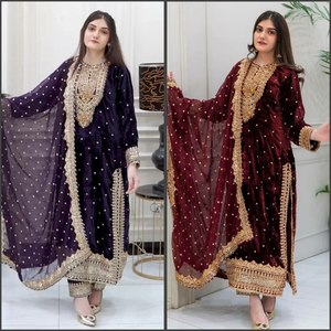 Alta calidad modesto diseñador Moti trabajo hecho a mano manga completa elegante pesado puro terciopelo viscosa Salwar Kameez con Dupatta - Product Image 4