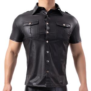 Camisas de Cuero para Hombre, Cuello Alto, Estilo Urbano, Ropa de Discoteca, Sexy, Aspecto Mojado, Camisetas con Botones - Product Image 4