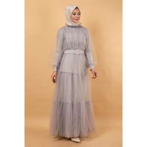 Vestido de Noche Formal XS con Volantes de Tul y Lentejuelas, Cuello Alto, Cintura Imperio y Cola Larga para Fiestas y Eventos Formales - Product Image 1