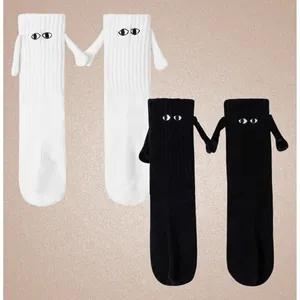 Two-Piece <b>Black</b> White 100% Cotton Nylon Jacquard Printed Couple's <b>Socks</b> Breathable Holding Hands Design One Fits All for Spring - Product Image 2