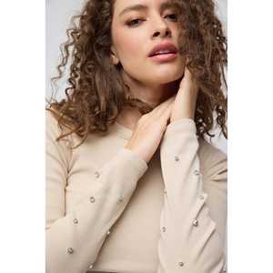 เสื้อยืดแขนยาวผู้หญิง ผ้าฝ้าย 100% แต่งมุกและคริสตัล ระบายอากาศได้ดี ไซส์ XS-XL ทรงปกติ ใส่สบายสำหรับฤดูร้อน - Product Image 3