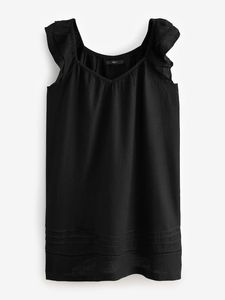 Black Mid-Calf A-Line <b>Dress</b> with V-Neck Collar Sleeveless Design in <b>Floaty</b> Linen/Cotton Fabric Eco-Friendly Casual Summer Outfit - Product Image 3
