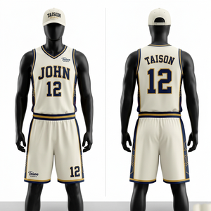 Mens Basketball Uniform Set 180 GSM Soft Durable Polyester Fabric Beige Color With Contrast Neck Arm Trim Custom Embroidered <b>Log</b> - Product Image 3